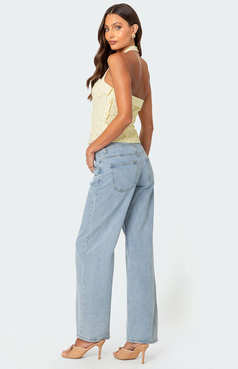 Side Button Eyelet Halter Yellow Top