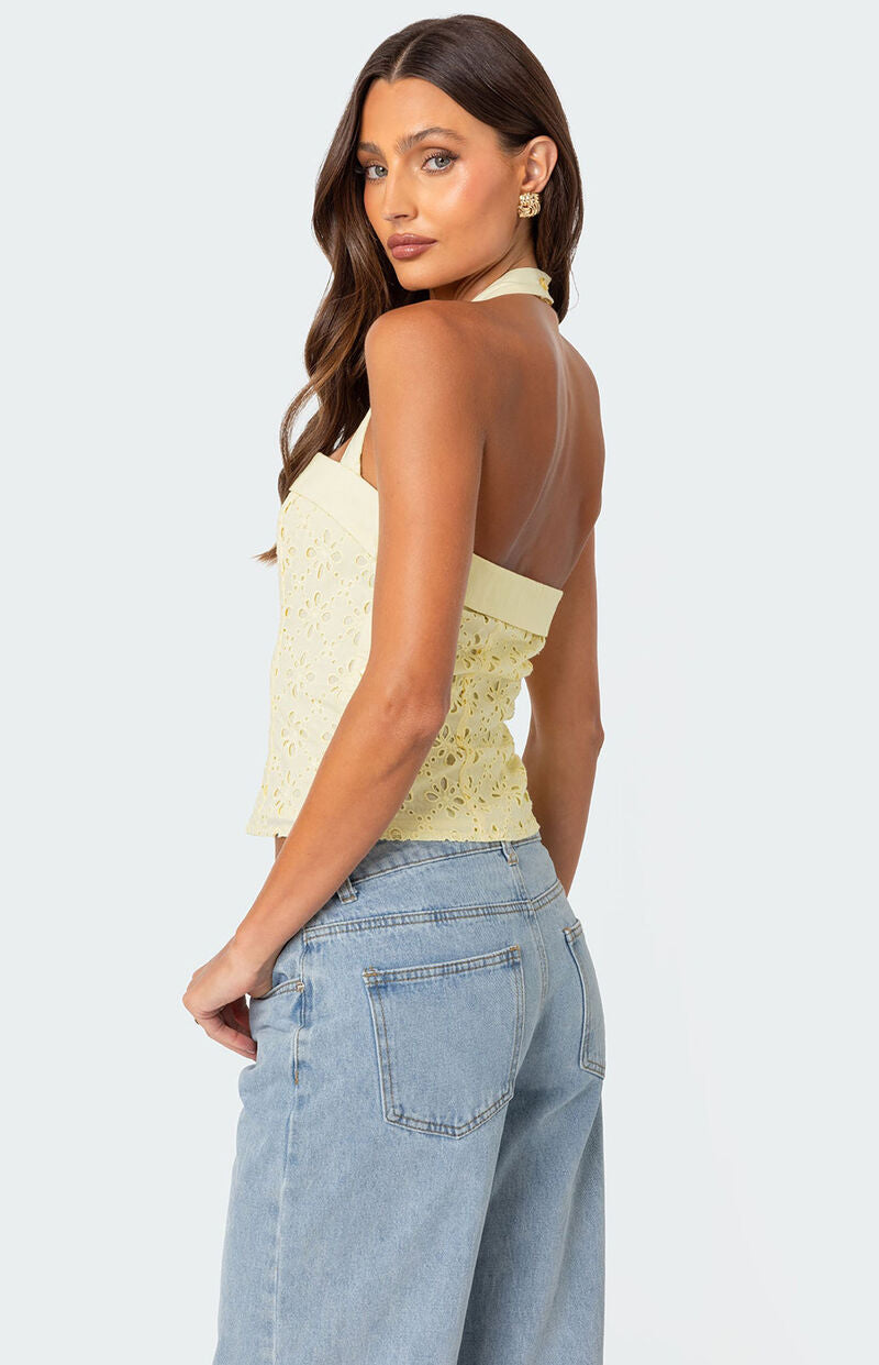 Side Button Eyelet Halter Yellow Top