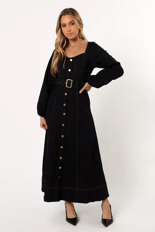 Long Sleeve Denim Maxi Dress In Black