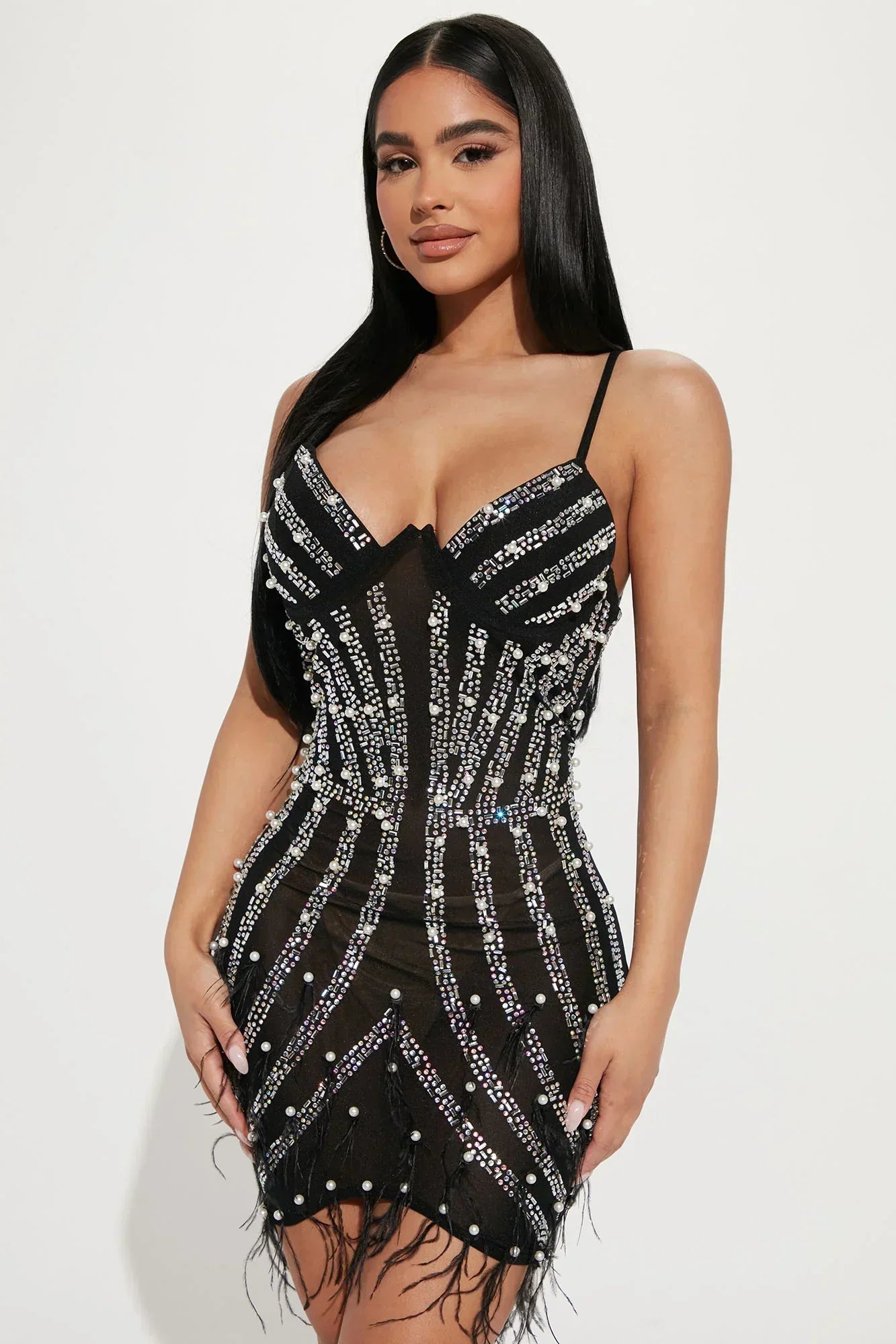 Embellished black mini dress