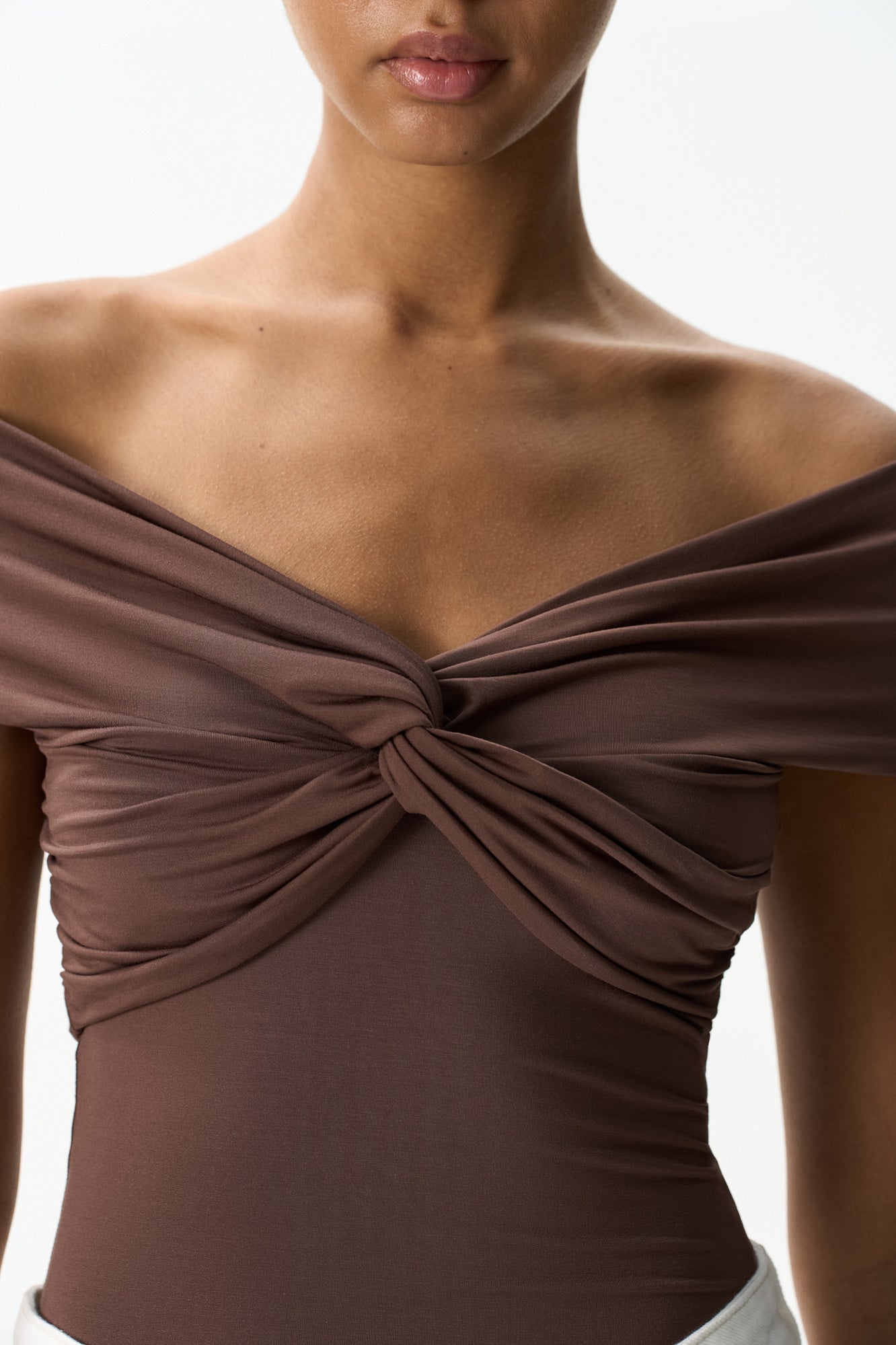 Pleated Off Shoulder Top With Twisted Knot