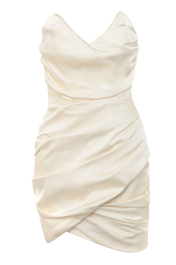 Ivory colored draped mini dress with ruffles