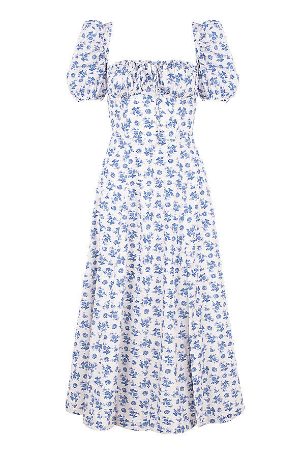 Midi sundress with floral puff sleeves