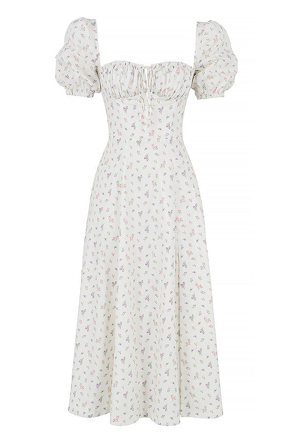 Midi sundress with floral puff sleeves