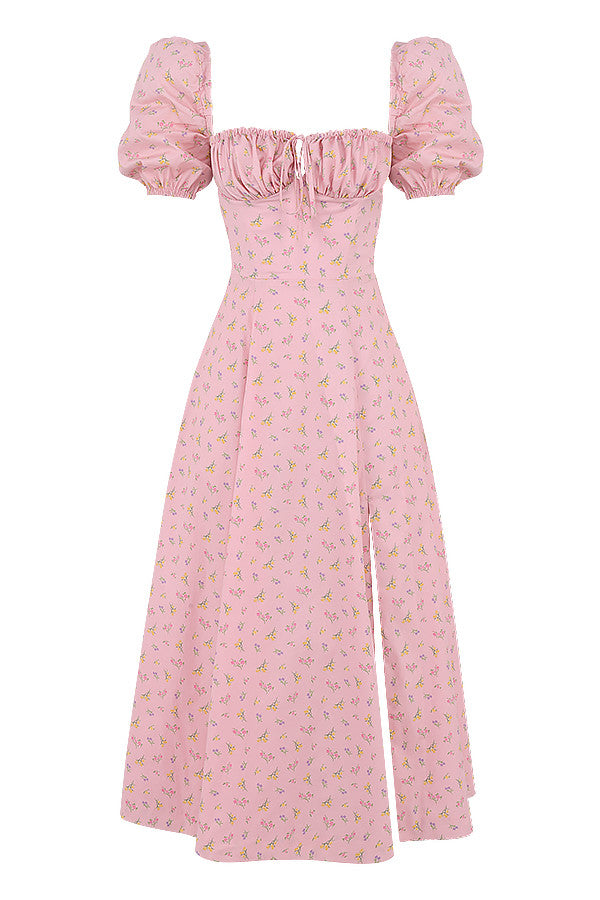 Midi sundress with floral puff sleeves