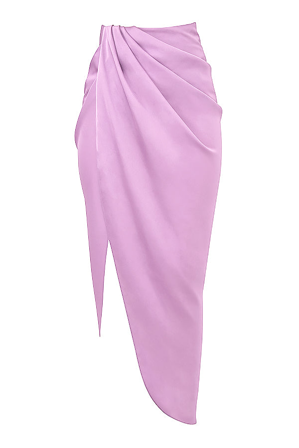 Deep-cut blouson top in silky satin with draped skirt