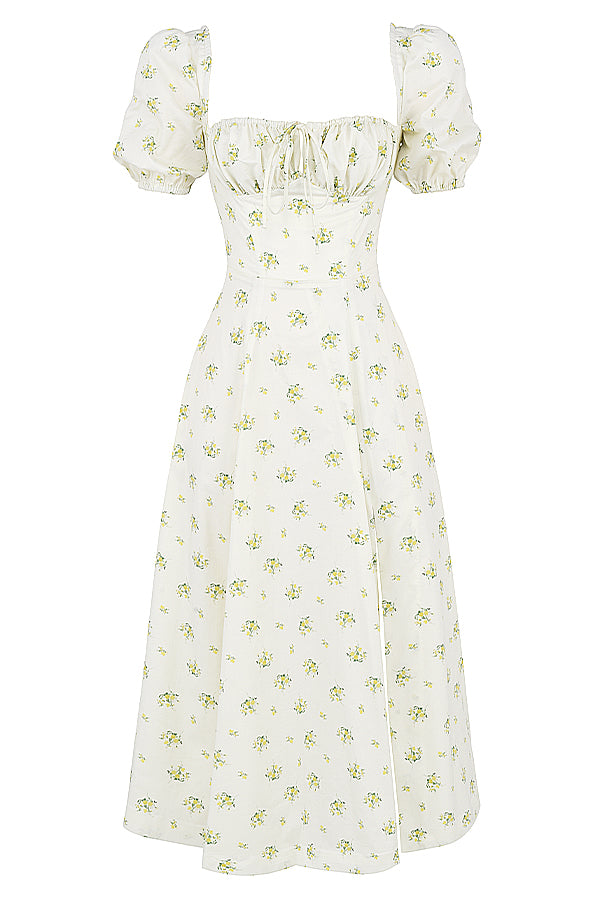 Midi sundress with floral puff sleeves