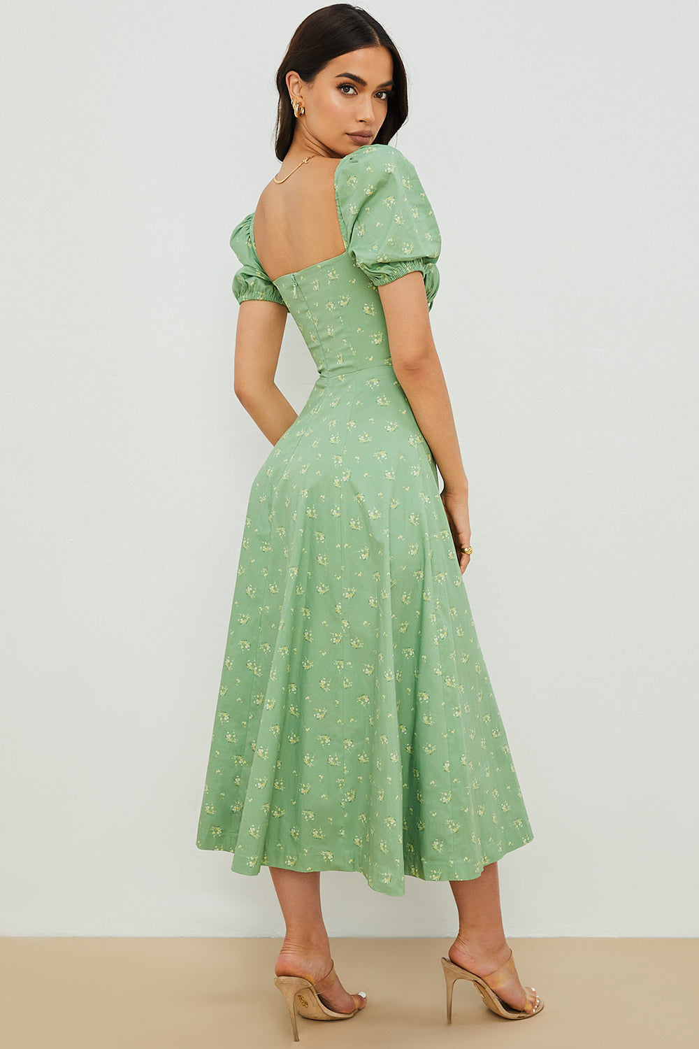 Midi sundress with floral puff sleeves