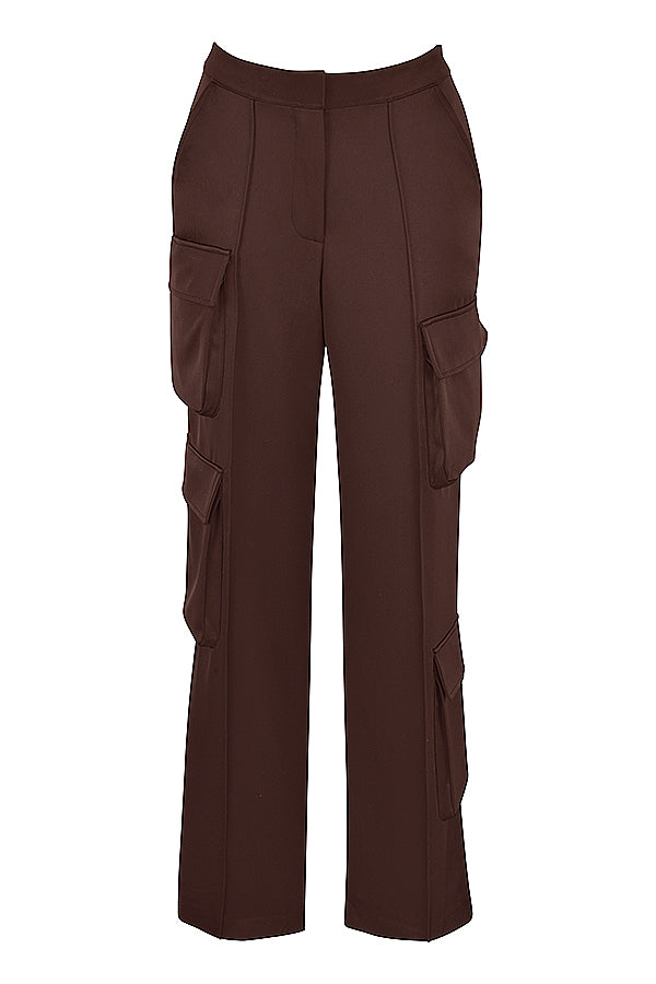 Long chocolate satin corset with cargo pants