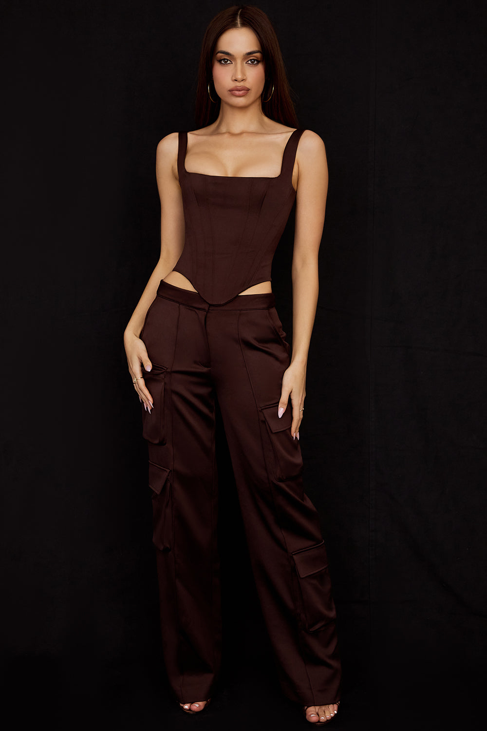 Long chocolate satin corset with cargo pants