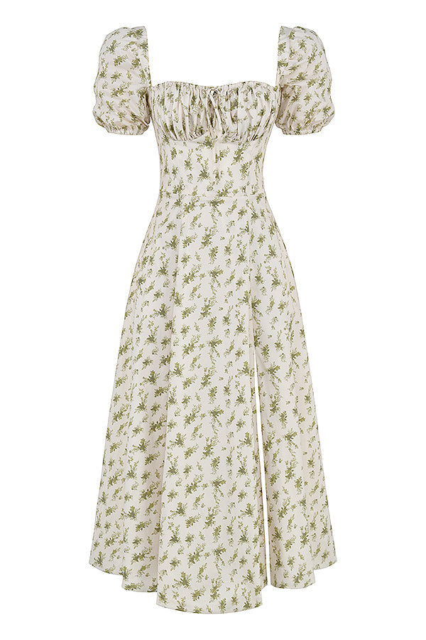 Midi sundress with floral puff sleeves