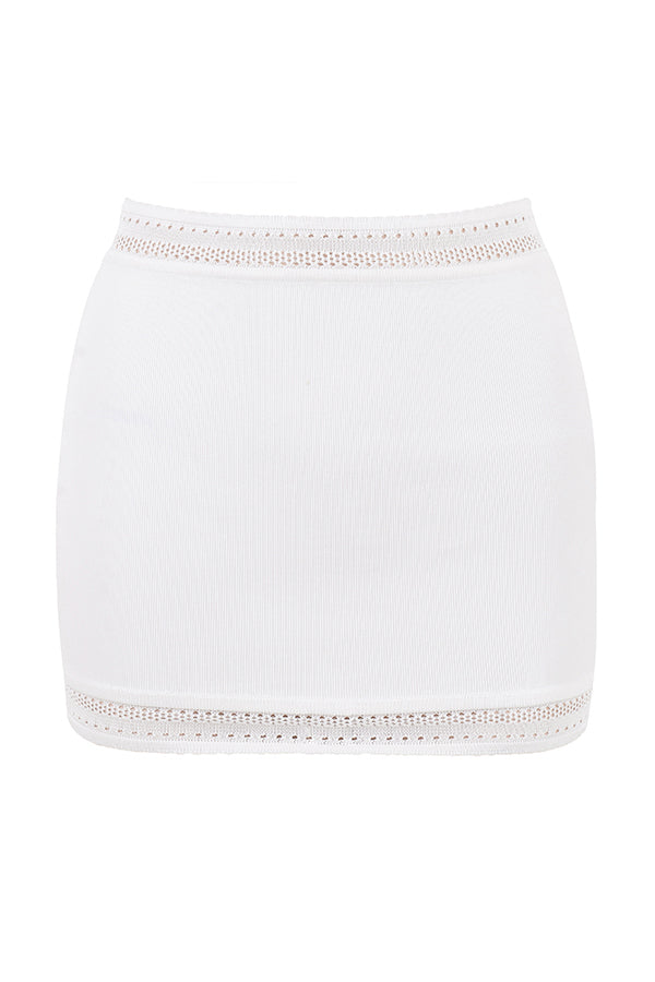 Ivory colored elegant rib knitted top with mini skirt