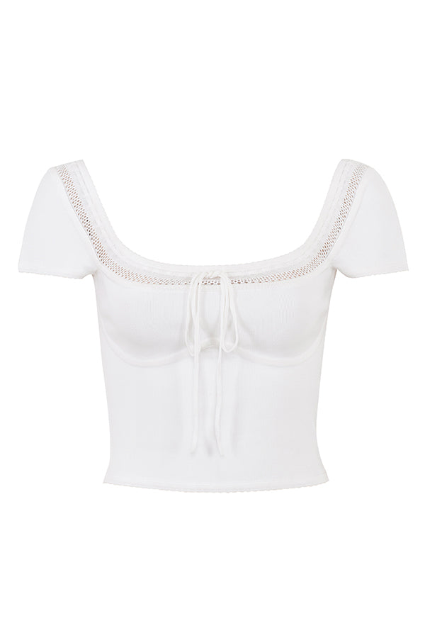 Ivory colored elegant rib knitted top with mini skirt