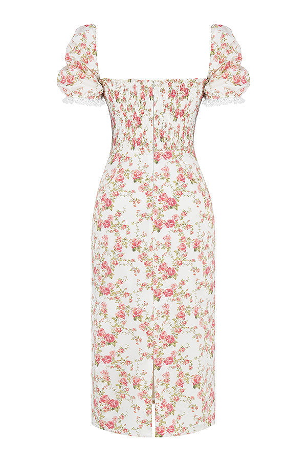 Smocked summer dress with garden print