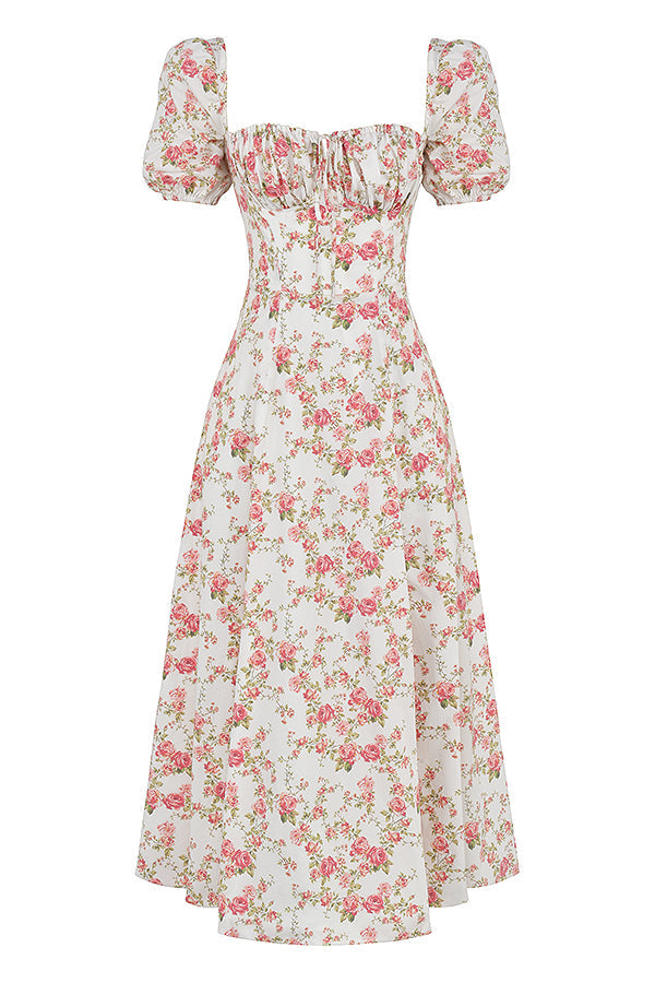 Midi sundress with floral puff sleeves