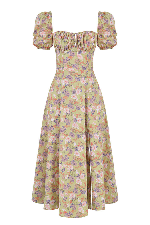 Midi sundress with floral puff sleeves