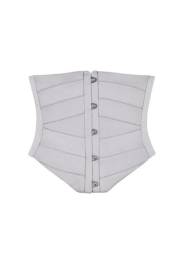 Gray satin underbust corset with flowy maxi dress