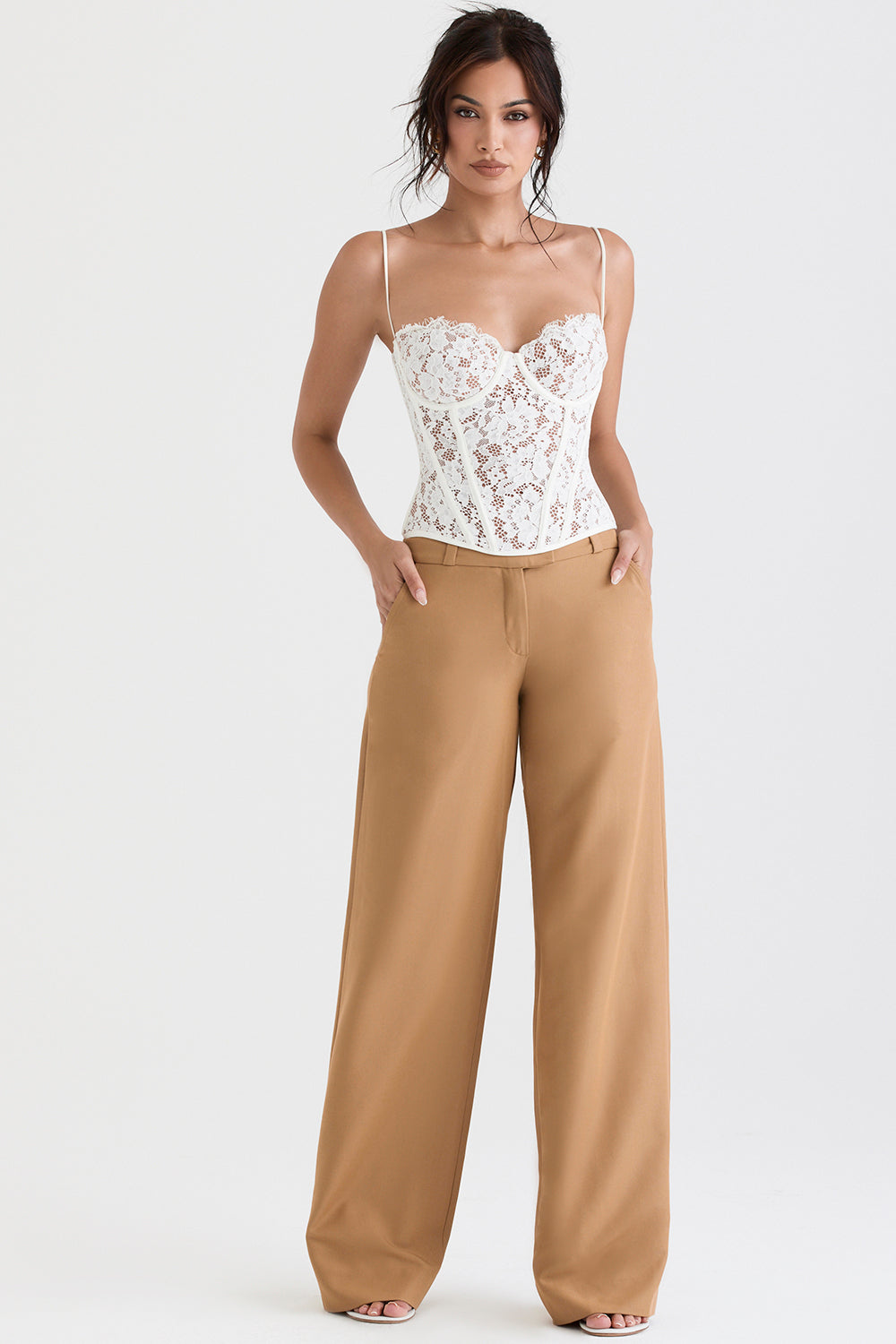 Lace underwire corset with Caramel relaxed trousers