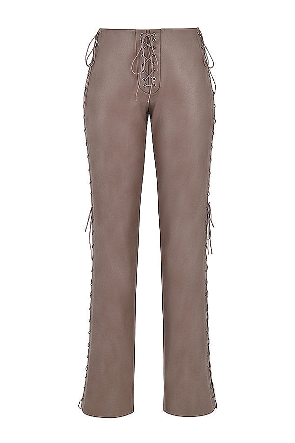 Smoke lace up corset with mocha vegan leather lace up pants