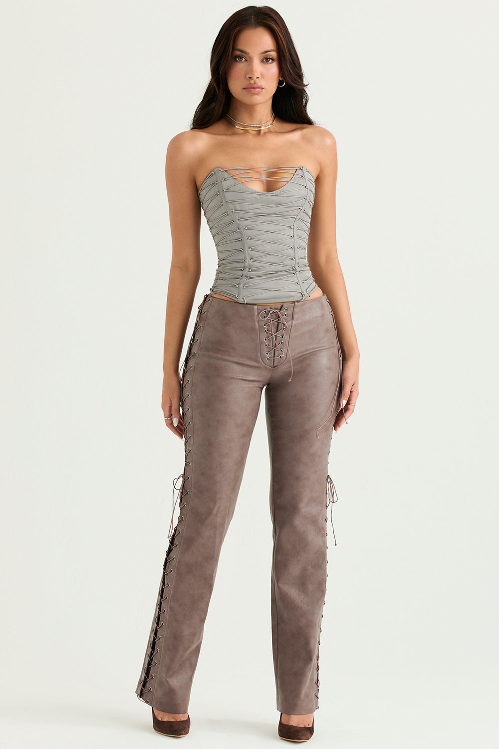 Smoke lace up corset with mocha vegan leather lace up pants