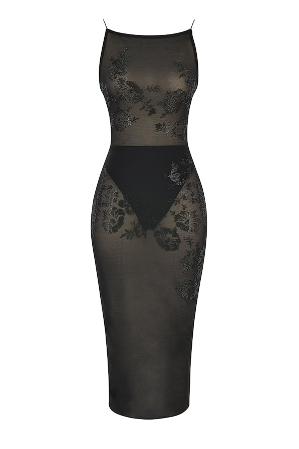 Black midi dress embellished with mesh crystals