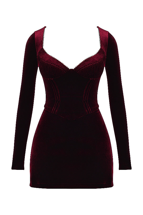 Black mini dress with cherry-colored pleats