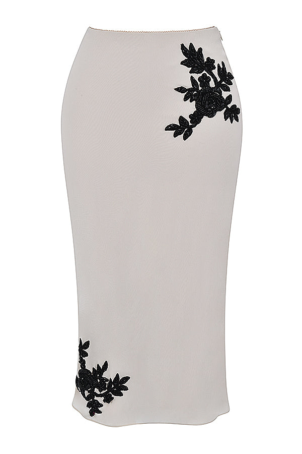 Champagne satin top with beaded midi skirt