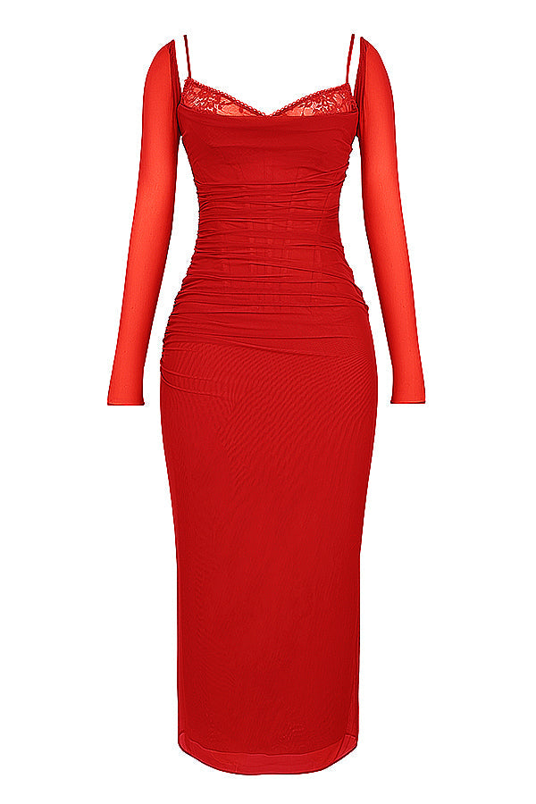 Deep maxi dress with long sleeves