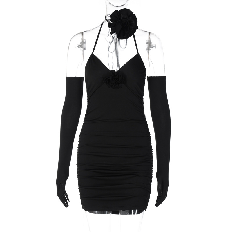Black pink sheath dress with halter neck V-neck lace up and gloves