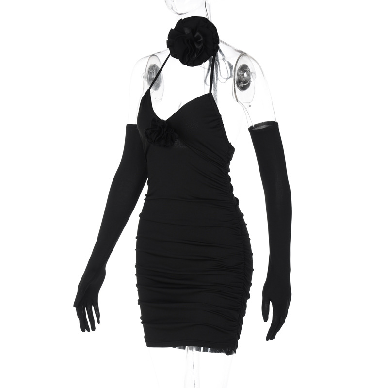 Black pink sheath dress with halter neck V-neck lace up and gloves