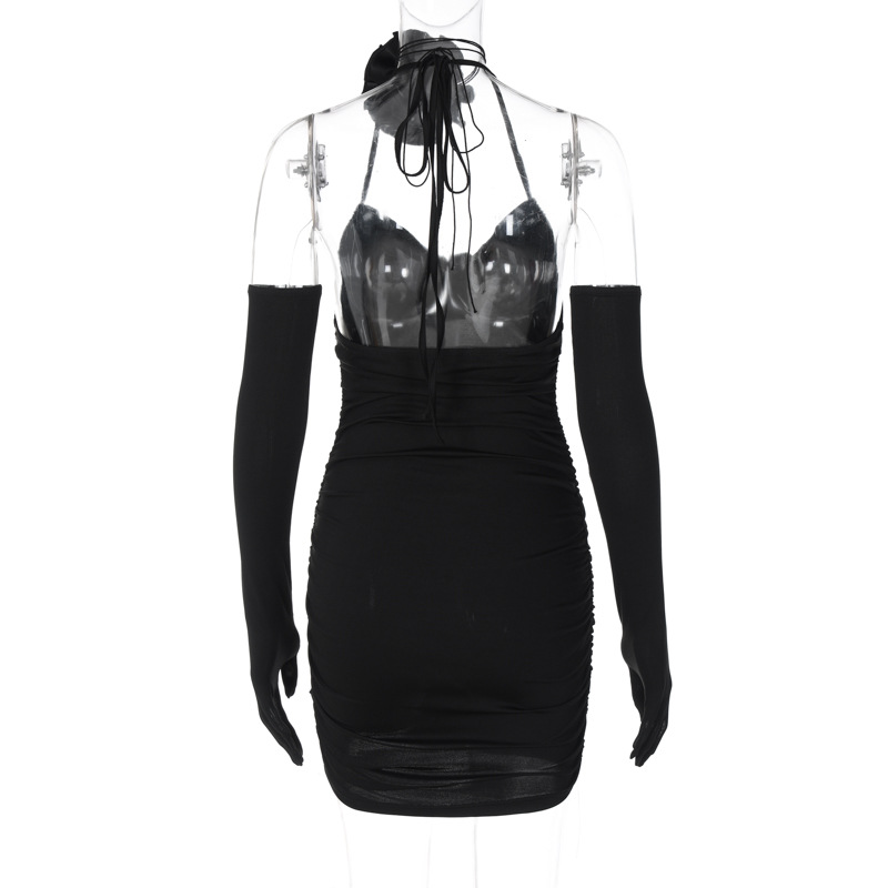 Black pink sheath dress with halter neck V-neck lace up and gloves
