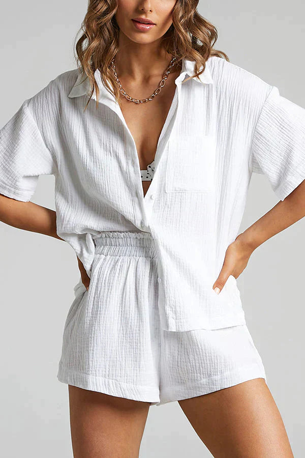 Striped loose shirt and shorts set for women
