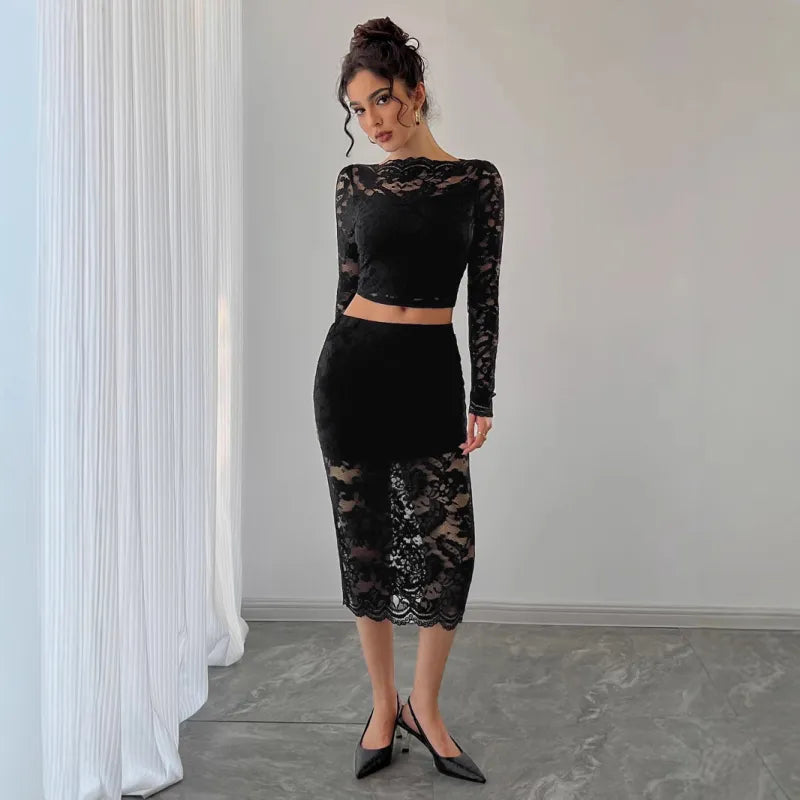 Classy Lace Top With Midi Skirt In Black