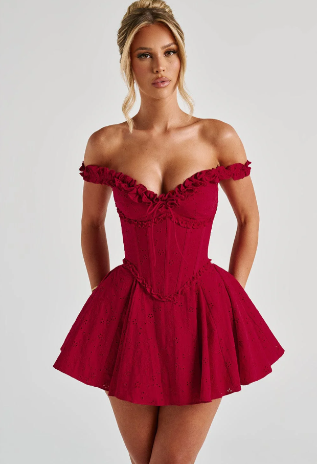 Lace Puff Short Dress In Burgundy Red
