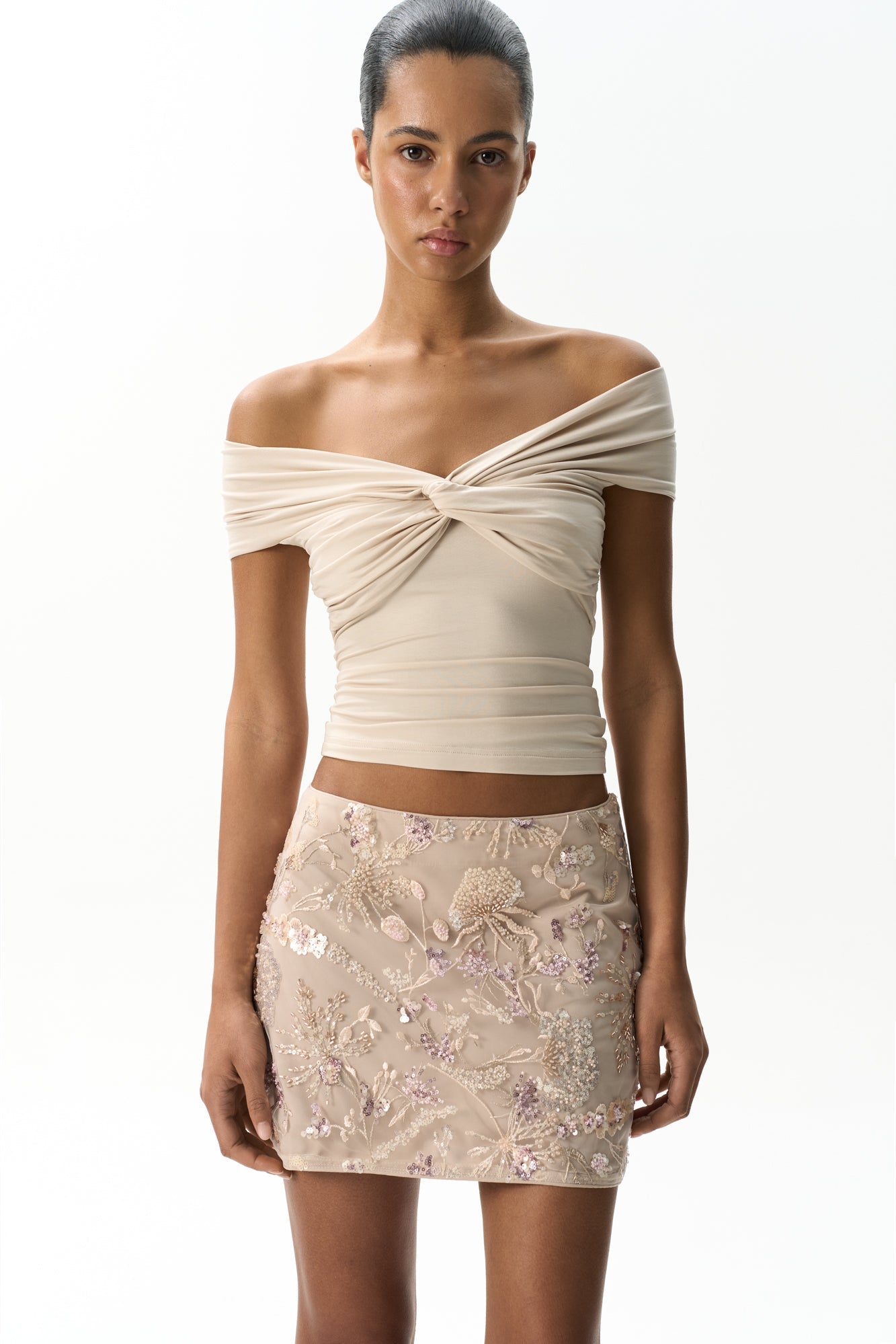 Pleated Off Shoulder Top With Twisted Knot