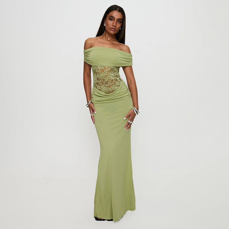 Off Shoulder Slim Maxi Dress With Lace Detail In Green
