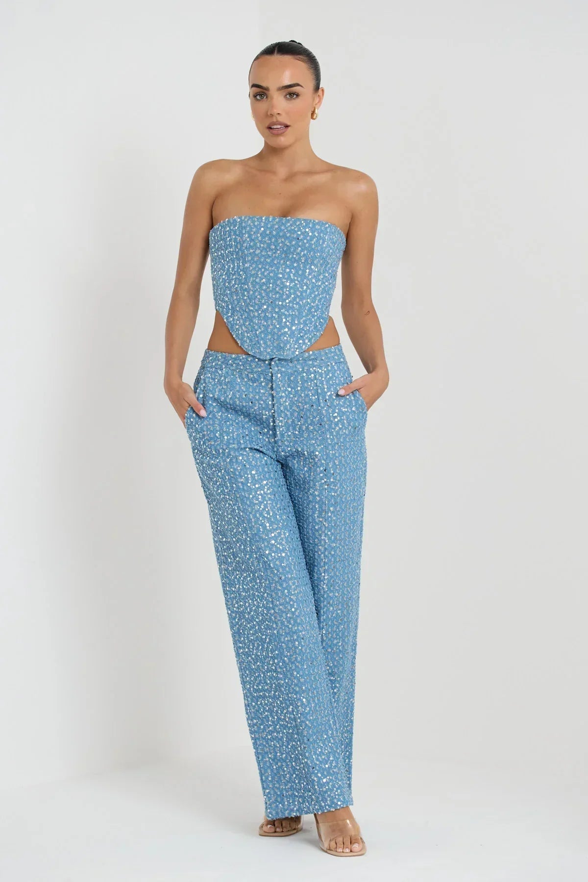 Blue tube top with sequins and wide leg pants with glitter
