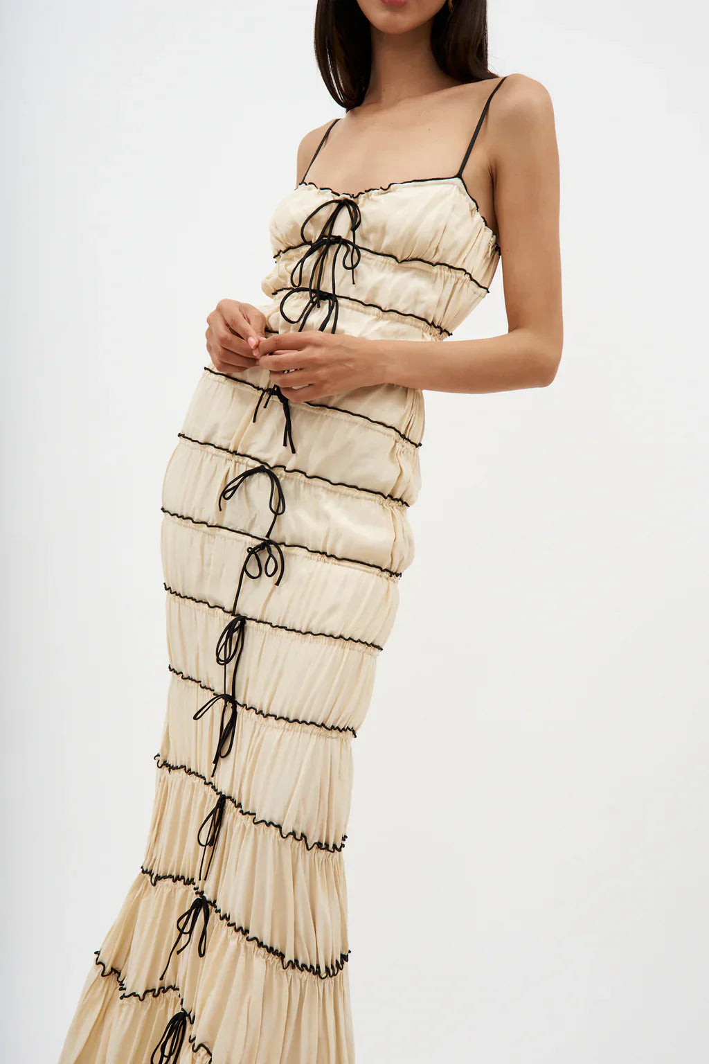 Silk charmeuse ruffle tunnel gown dress