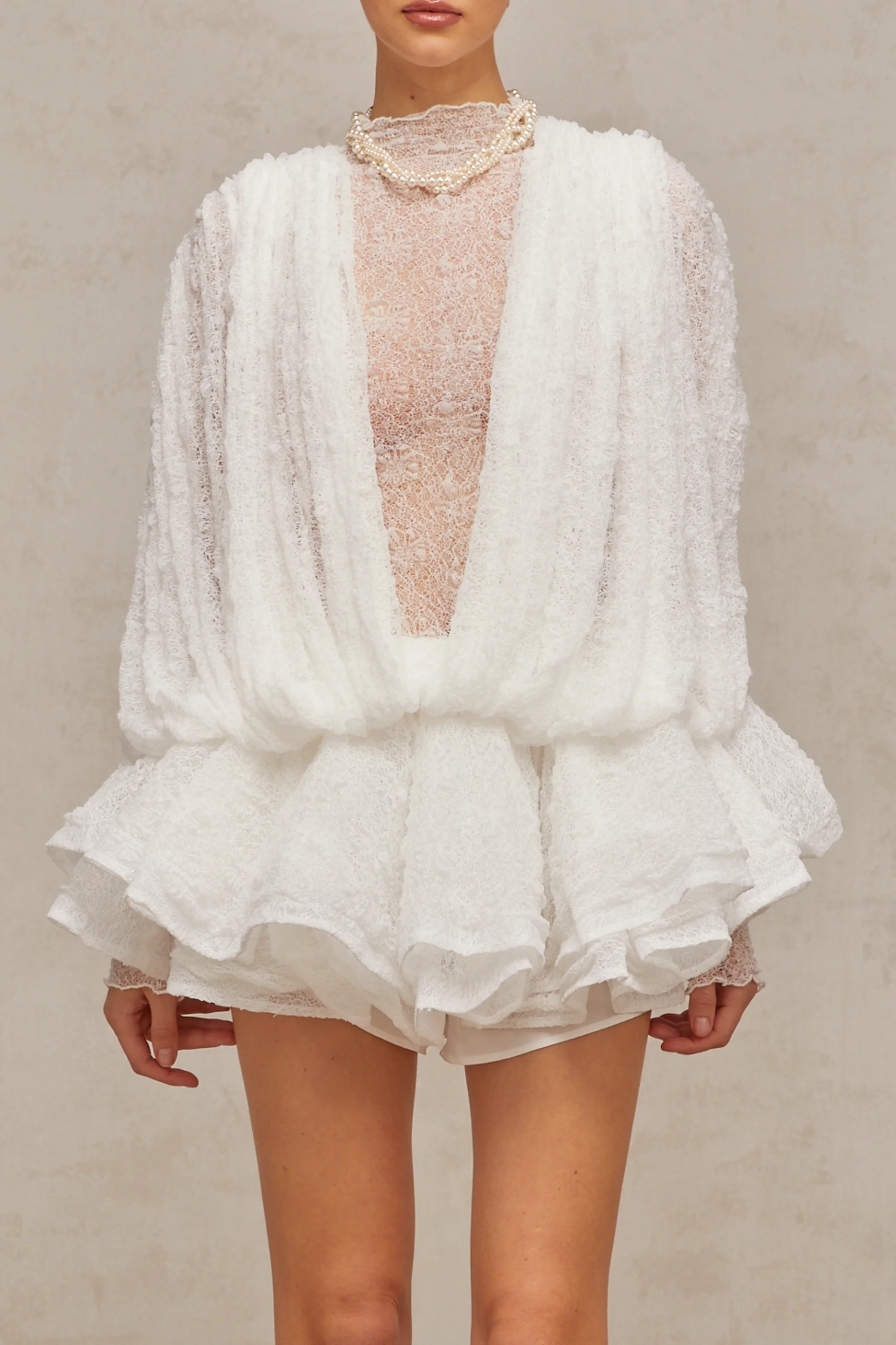 Long Sleeve Ruffled Lace White Mini Dress