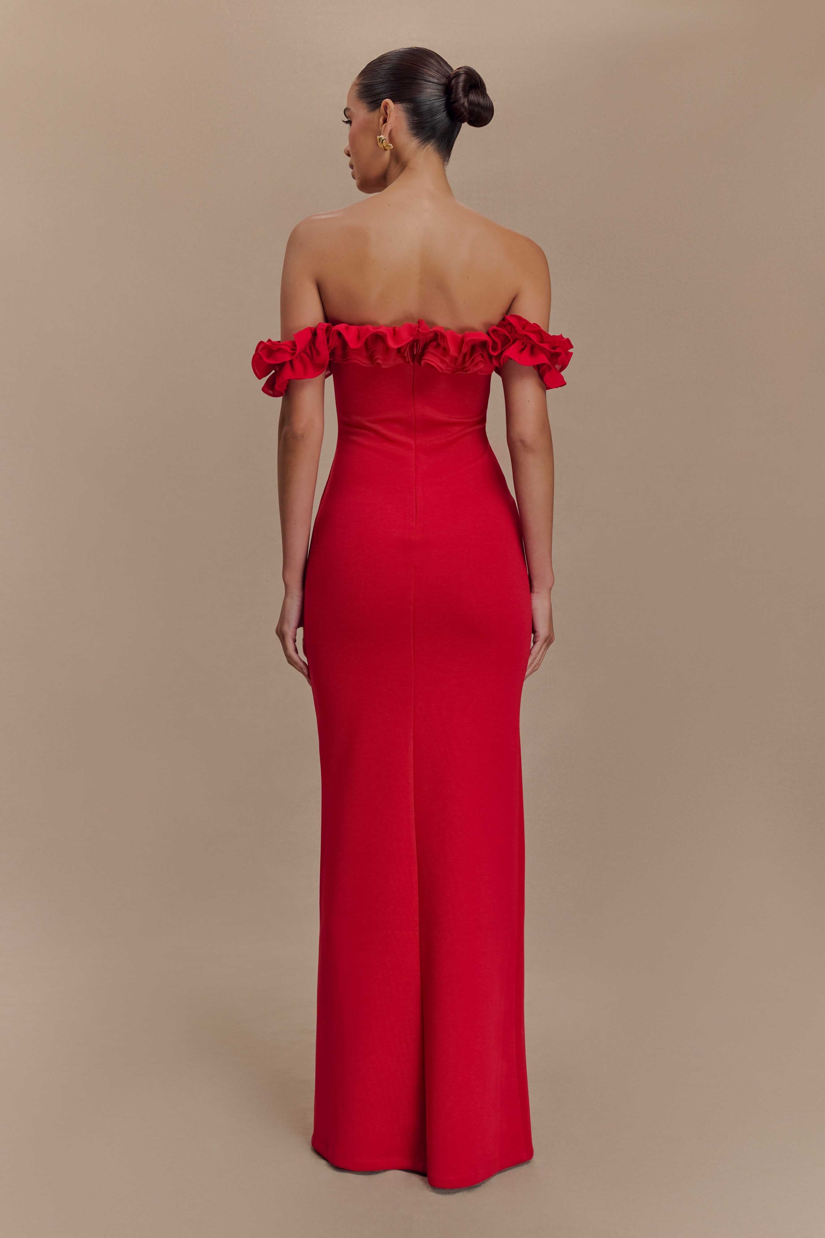 Ruffled Off-shoulder Red Maxi Dress