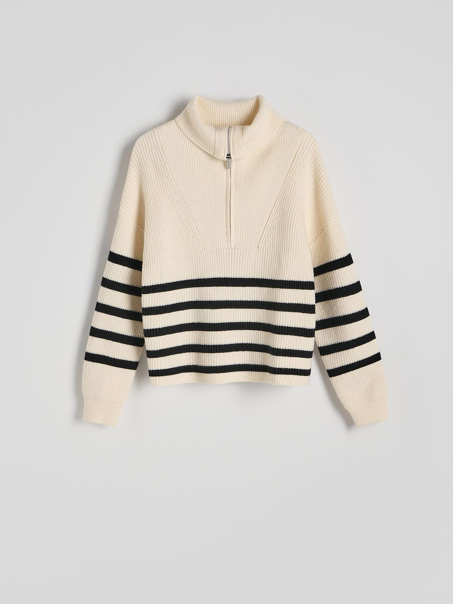 Zipped Turtle-neck Striped Sweater