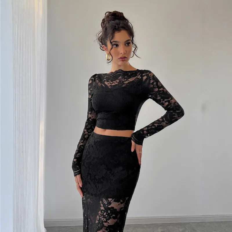 Classy Lace Top With Midi Skirt In Black