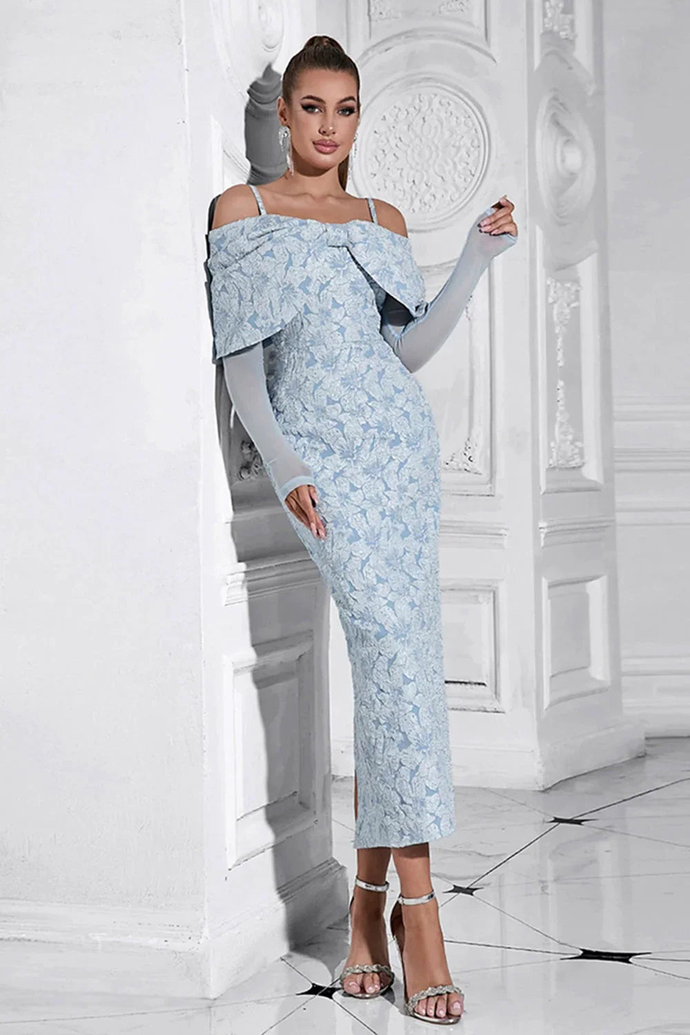 Bodycon Floral Light Blue Maxi Dress