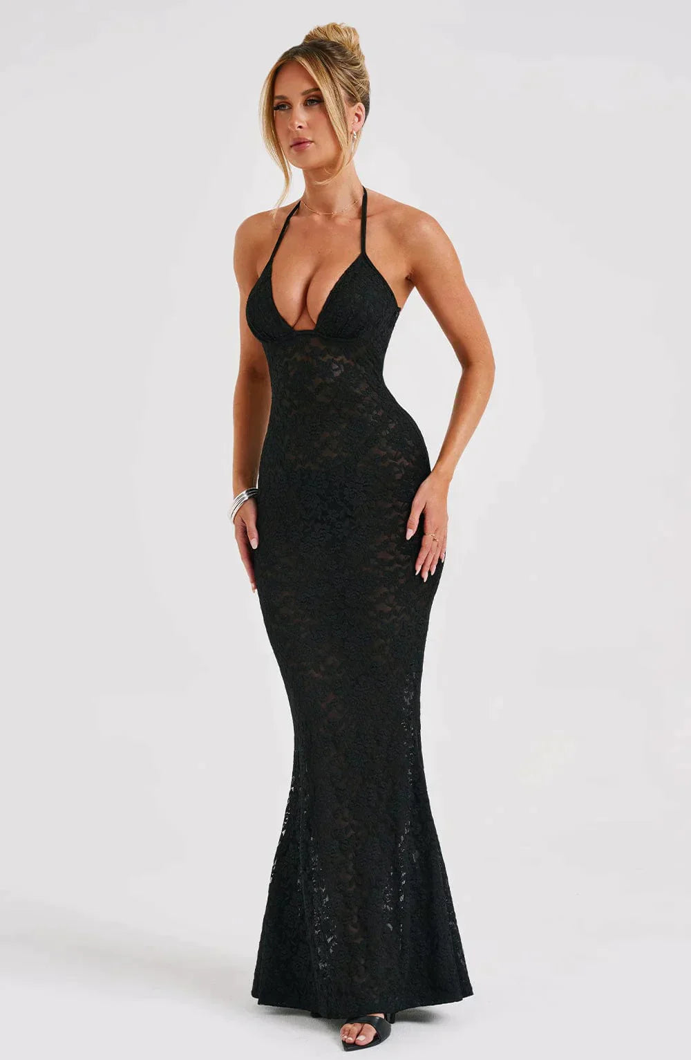 Black maxi dress with lace seam