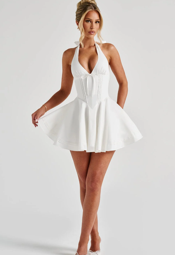 Halter Bow Mini Dress In White