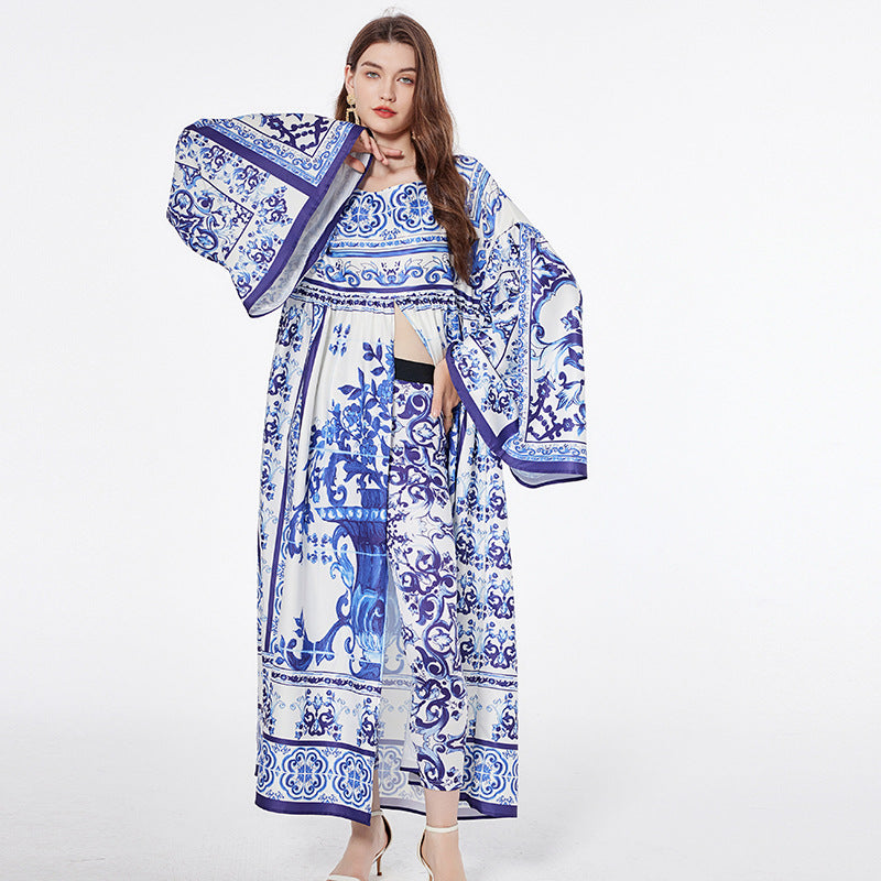 Porcelain Print Loose Maxi Dress With Leggings Set