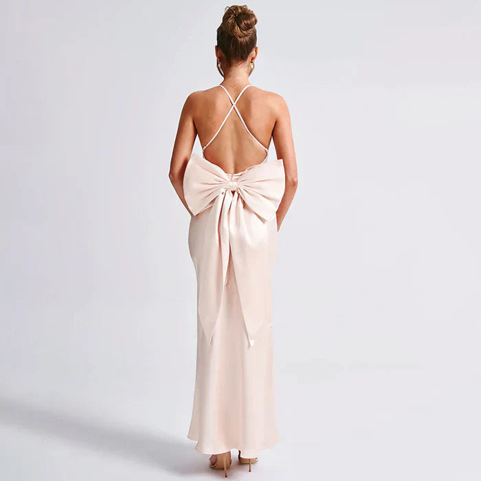 Satin Backless Dress With Bow