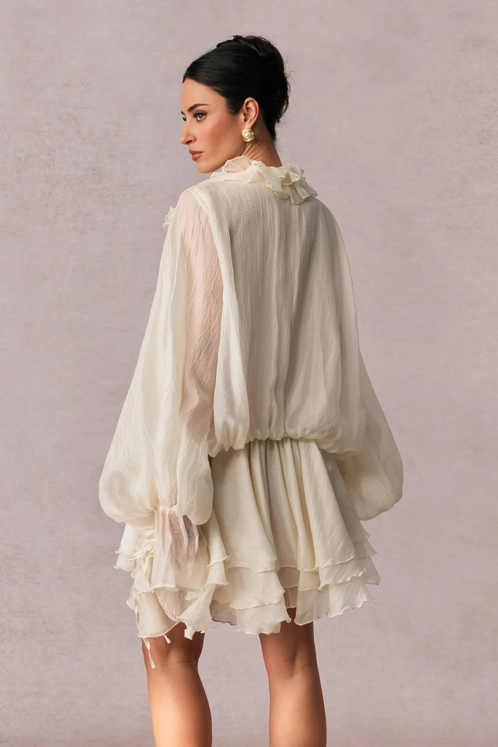 Olive Puff Sleeve Tiered Mini Dress