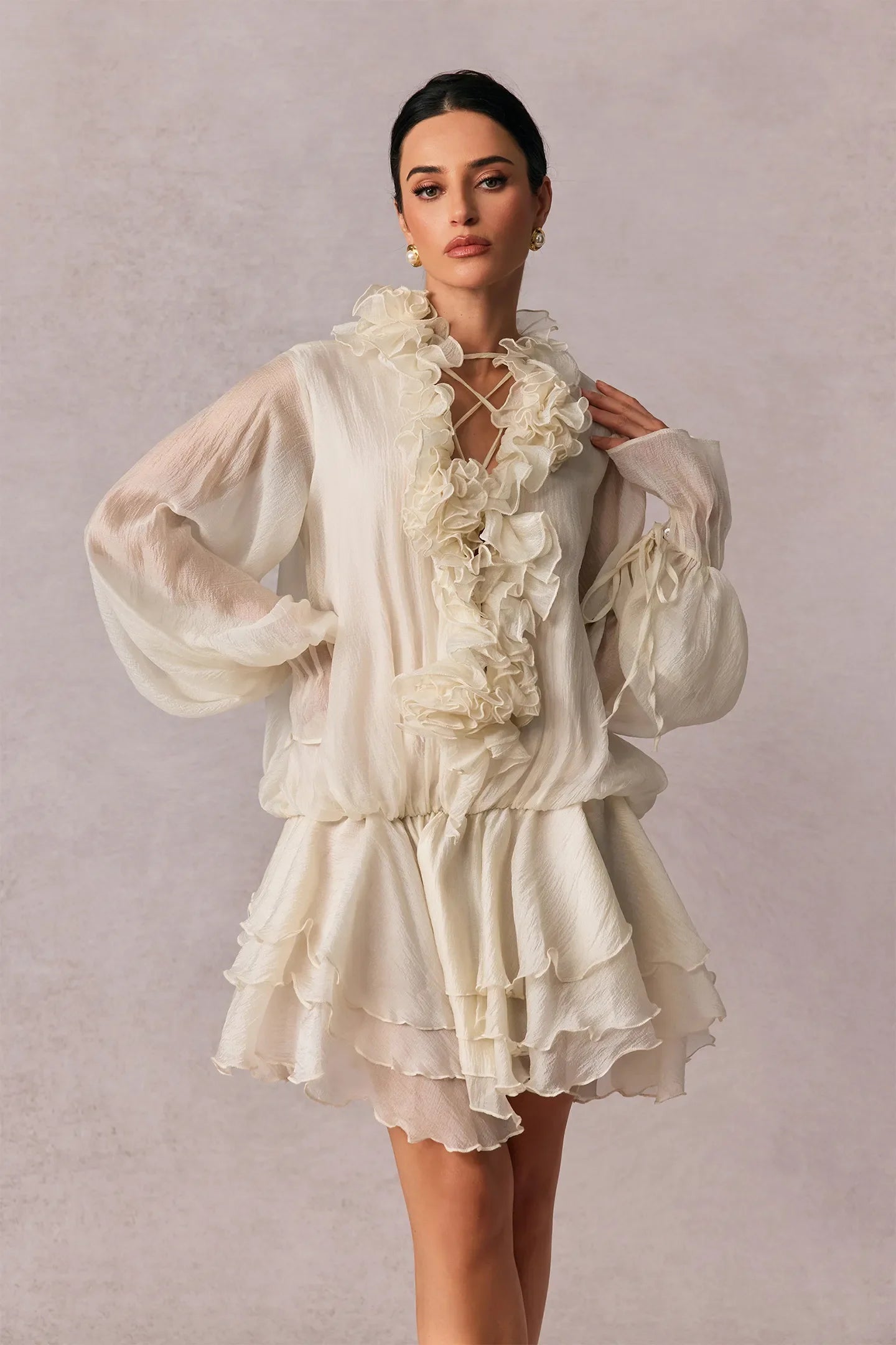 Olive Puff Sleeve Tiered Mini Dress