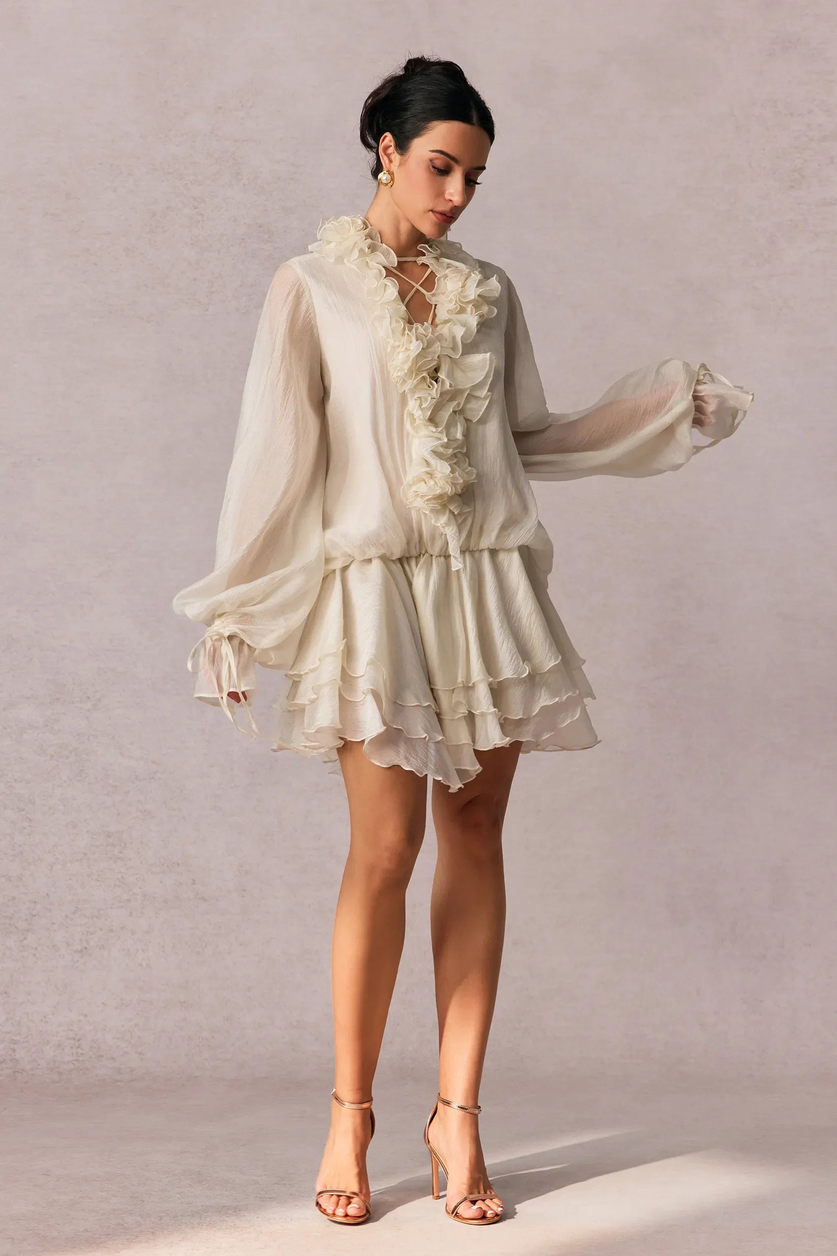 Olive Puff Sleeve Tiered Mini Dress